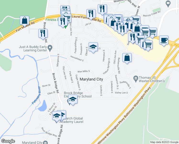map of restaurants, bars, coffee shops, grocery stores, and more near 319 Vale Summit South in Laurel