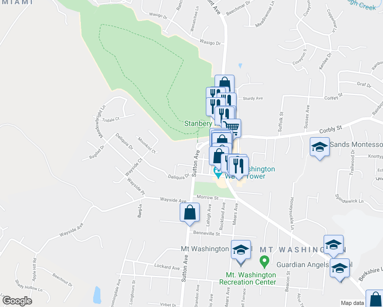 map of restaurants, bars, coffee shops, grocery stores, and more near 2107 Sutton Avenue in Cincinnati