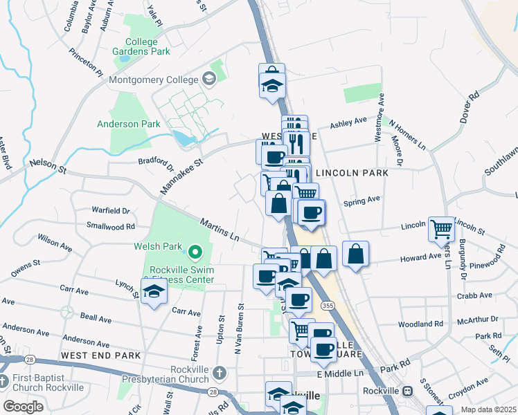 map of restaurants, bars, coffee shops, grocery stores, and more near Ivy League Lane in Rockville