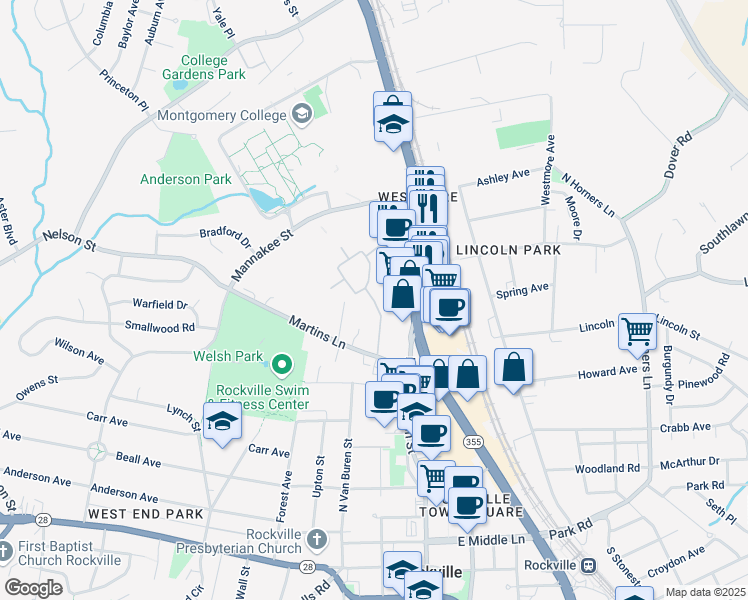 map of restaurants, bars, coffee shops, grocery stores, and more near 601 Ivy League Lane in Rockville