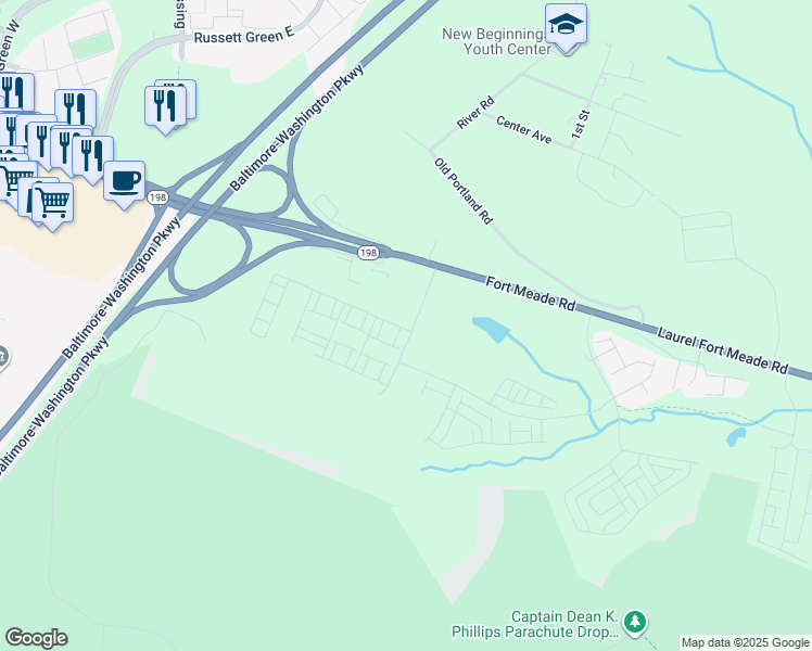 map of restaurants, bars, coffee shops, grocery stores, and more near 1102 Crested Wood Drive in Laurel