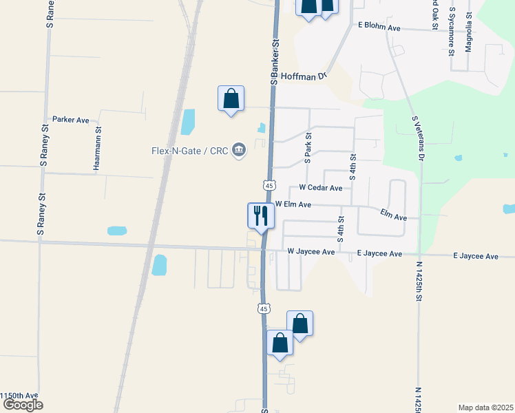 map of restaurants, bars, coffee shops, grocery stores, and more near 2803 South Banker Street in Effingham