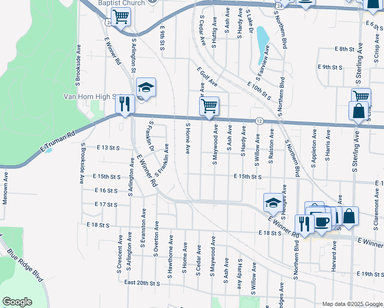 map of restaurants, bars, coffee shops, grocery stores, and more near 1401 South Home Avenue in Independence