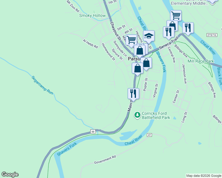 map of restaurants, bars, coffee shops, grocery stores, and more near 147 Blackberry Street in Parsons