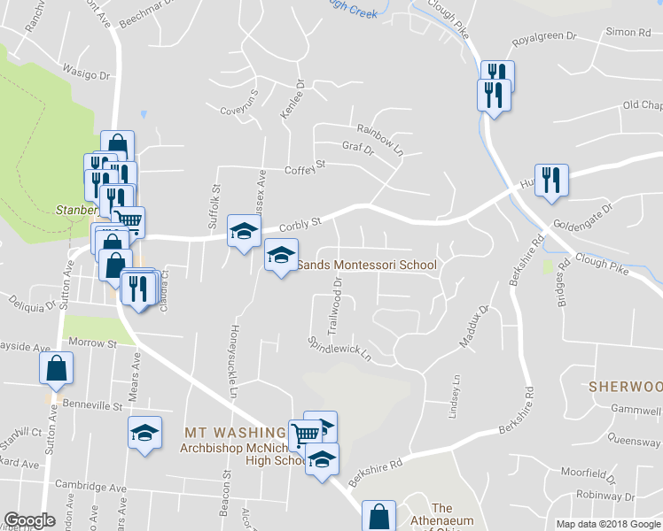 map of restaurants, bars, coffee shops, grocery stores, and more near 2133 Trailwood Drive in Cincinnati