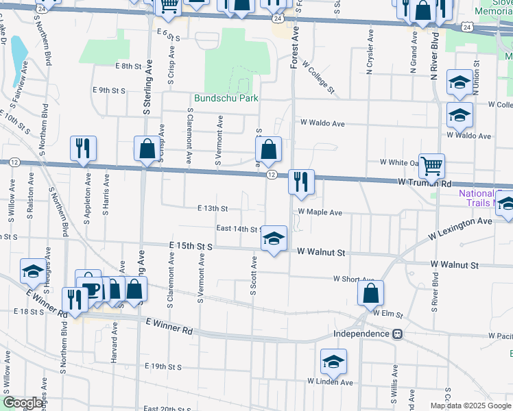 map of restaurants, bars, coffee shops, grocery stores, and more near 1228 South Cunningham Avenue in Independence