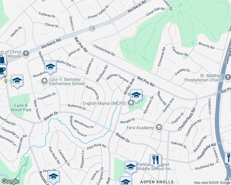 map of restaurants, bars, coffee shops, grocery stores, and more near 14413 Briarwood Terrace in Rockville