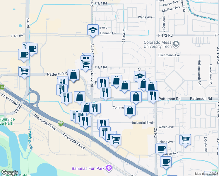 map of restaurants, bars, coffee shops, grocery stores, and more near 2470 F Road in Grand Junction