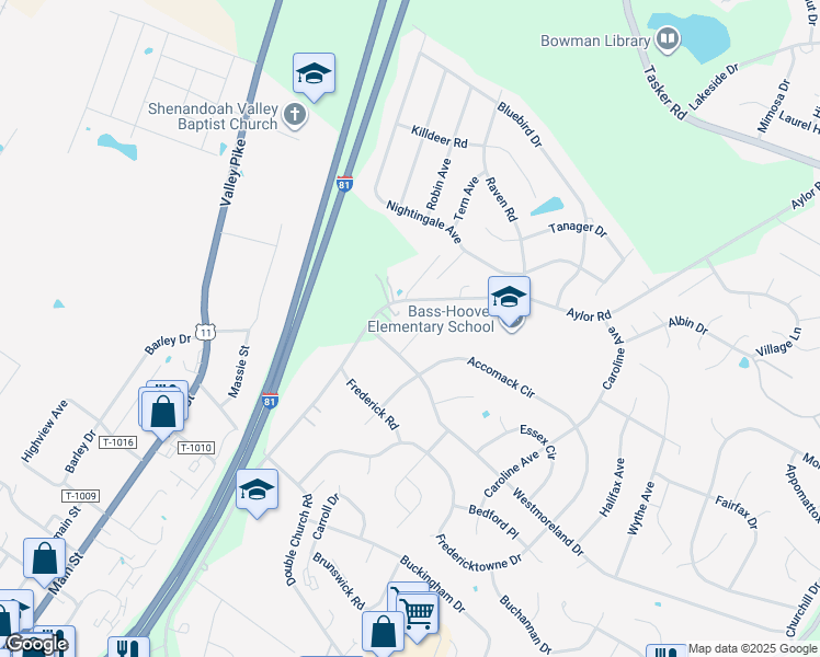 map of restaurants, bars, coffee shops, grocery stores, and more near 105 Craig Court in Stephens City