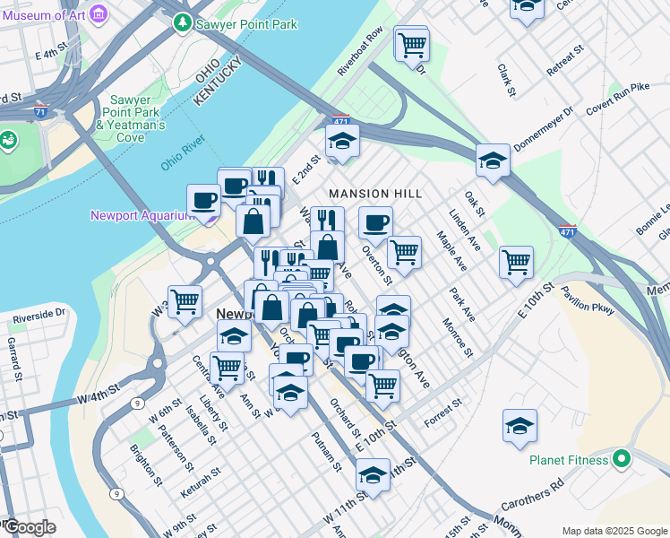 map of restaurants, bars, coffee shops, grocery stores, and more near 218-220 East 5th Street in Newport