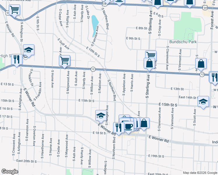 map of restaurants, bars, coffee shops, grocery stores, and more near 1406 South Hedges Avenue in Independence