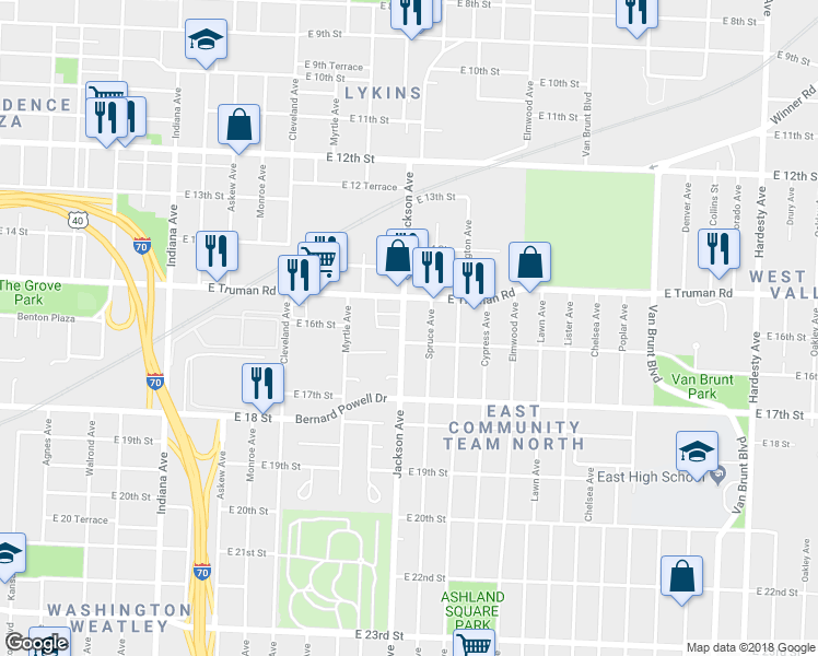 map of restaurants, bars, coffee shops, grocery stores, and more near 1527 Jackson Avenue in Kansas City