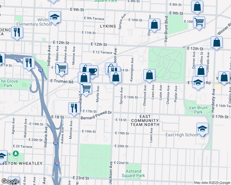 map of restaurants, bars, coffee shops, grocery stores, and more near 1527 Jackson Avenue in Kansas City