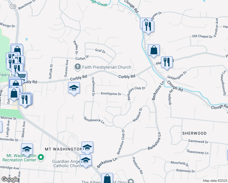 map of restaurants, bars, coffee shops, grocery stores, and more near 6610 Knottypine Drive in Cincinnati
