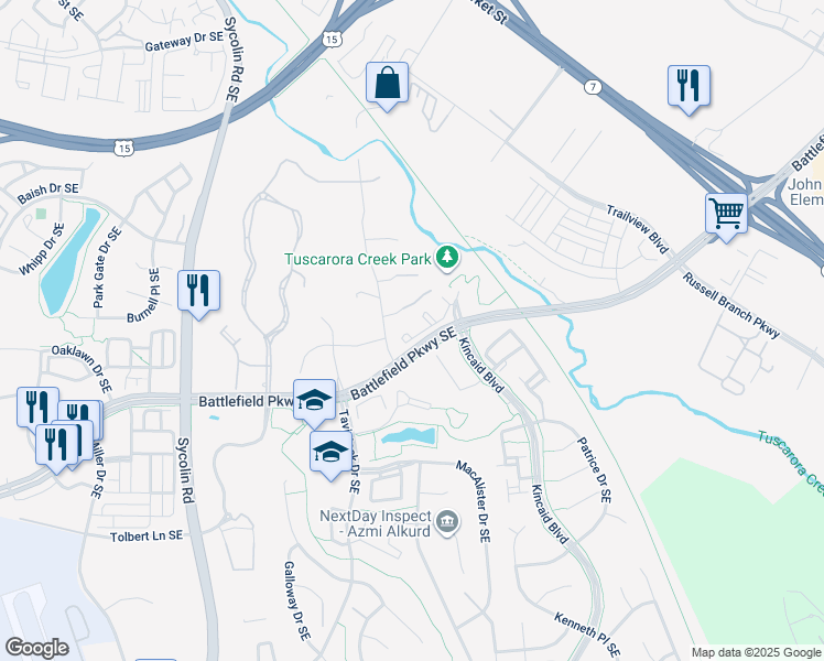 map of restaurants, bars, coffee shops, grocery stores, and more near 703 Somerset Park Drive Southeast in Leesburg