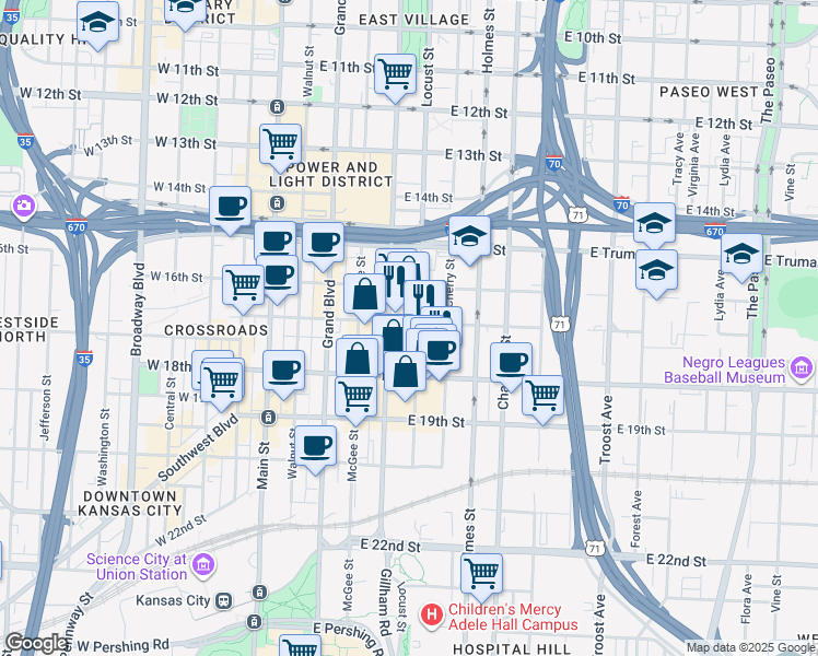 map of restaurants, bars, coffee shops, grocery stores, and more near 1700 Locust Street in Kansas City