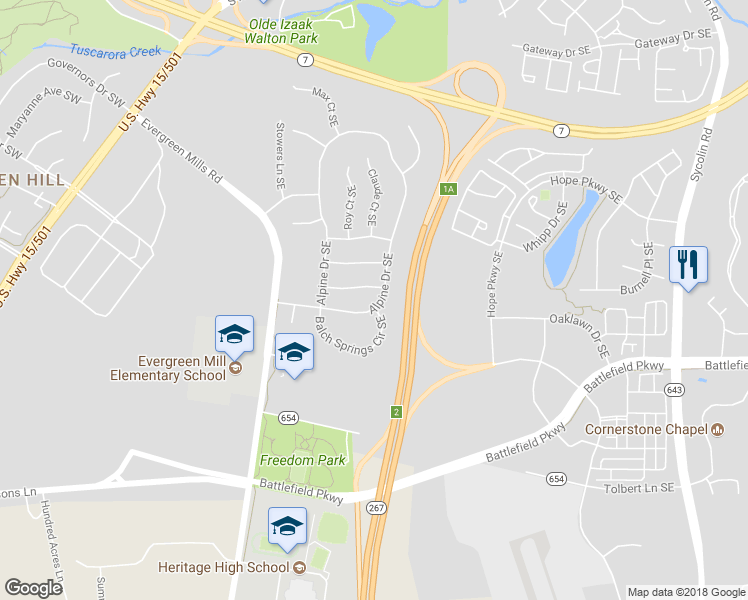 map of restaurants, bars, coffee shops, grocery stores, and more near 122 Alpine Dr SE in Leesburg
