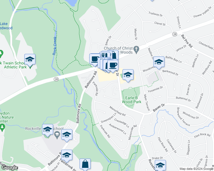 map of restaurants, bars, coffee shops, grocery stores, and more near 2507 Baltimore Road in Rockville
