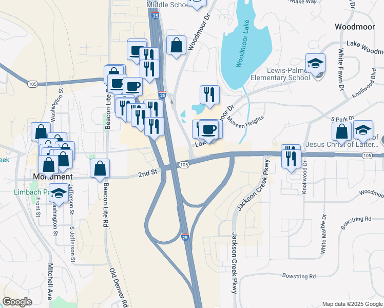 map of restaurants, bars, coffee shops, grocery stores, and more near 1464-1498 State Highway 105 in Monument