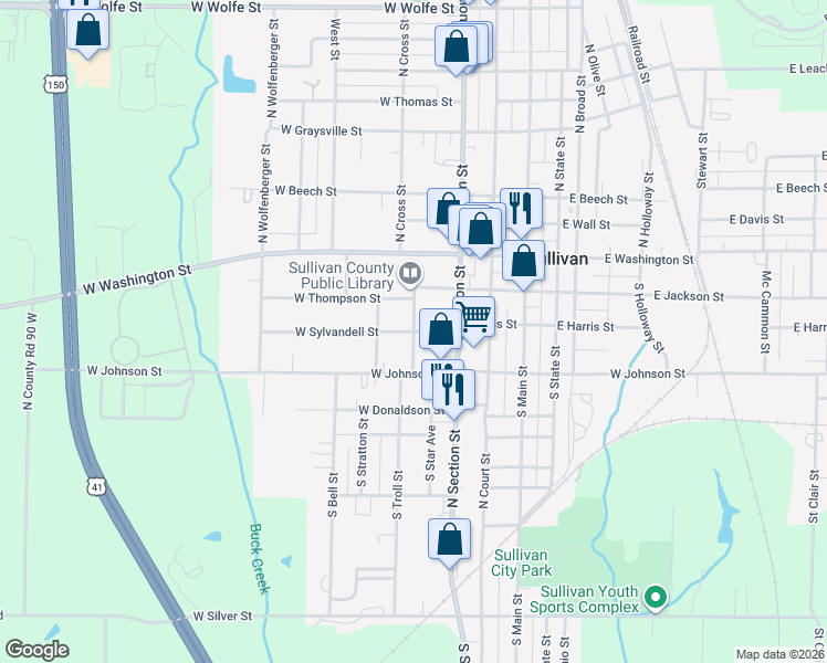 map of restaurants, bars, coffee shops, grocery stores, and more near 301 West Sylvandell Street in Sullivan