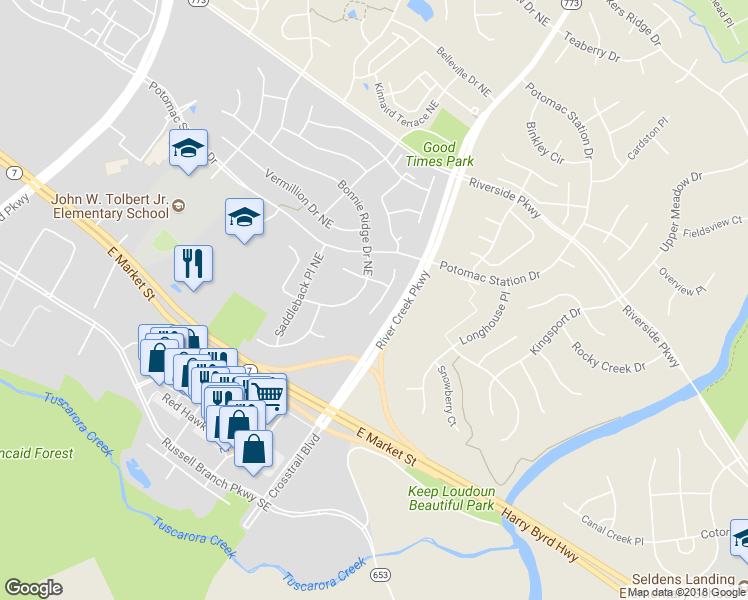 map of restaurants, bars, coffee shops, grocery stores, and more near 815 Larch Valley Court Northeast in Leesburg