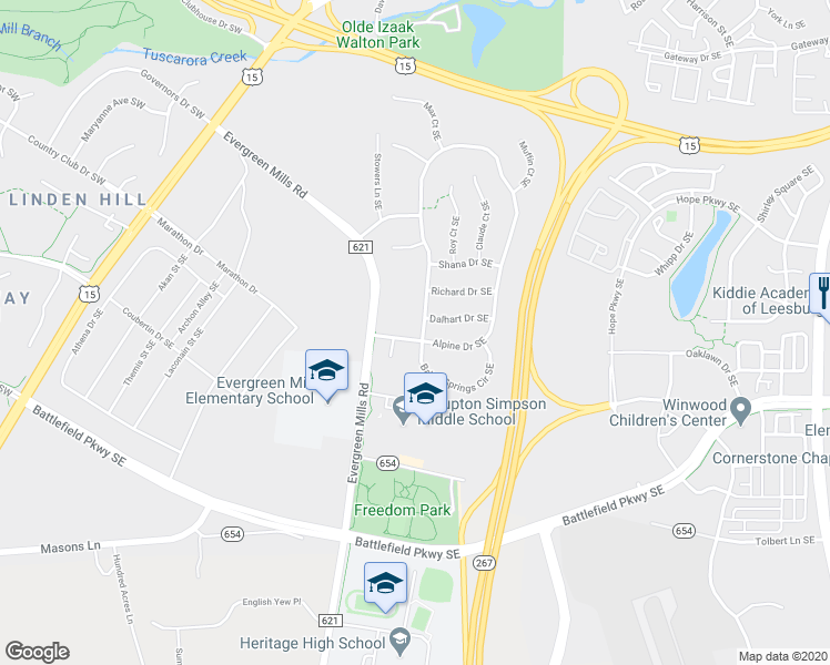 map of restaurants, bars, coffee shops, grocery stores, and more near 104 Alpine Drive Southeast in Leesburg