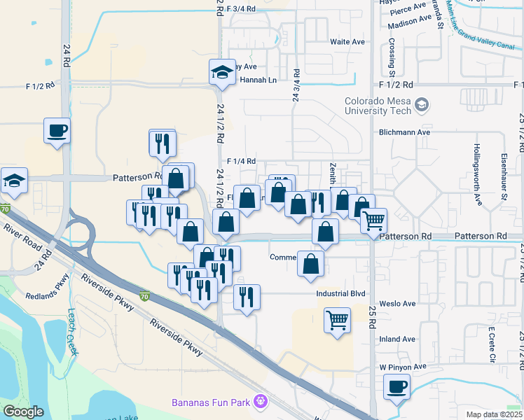 map of restaurants, bars, coffee shops, grocery stores, and more near 2470 F Road in Grand Junction