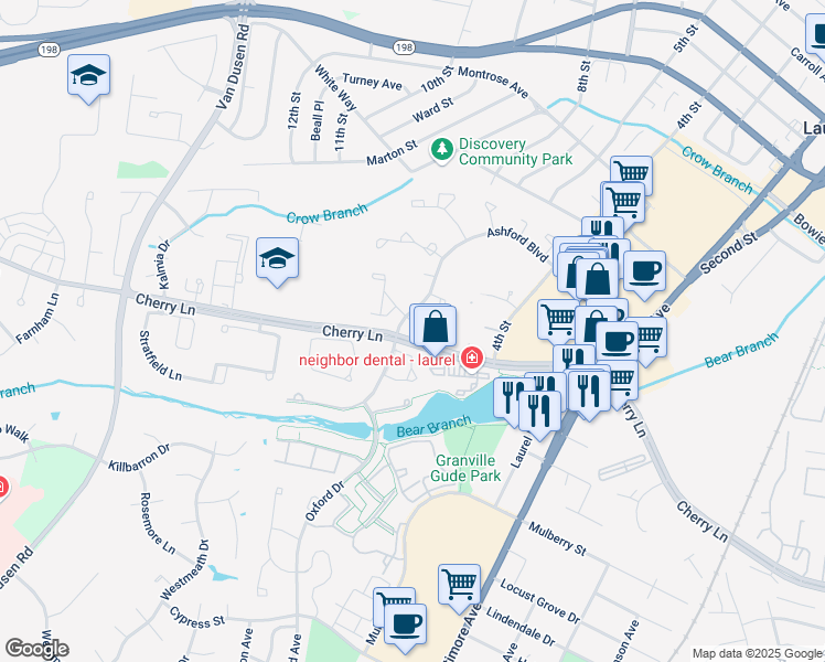 map of restaurants, bars, coffee shops, grocery stores, and more near 14805 Ashford Place in Laurel
