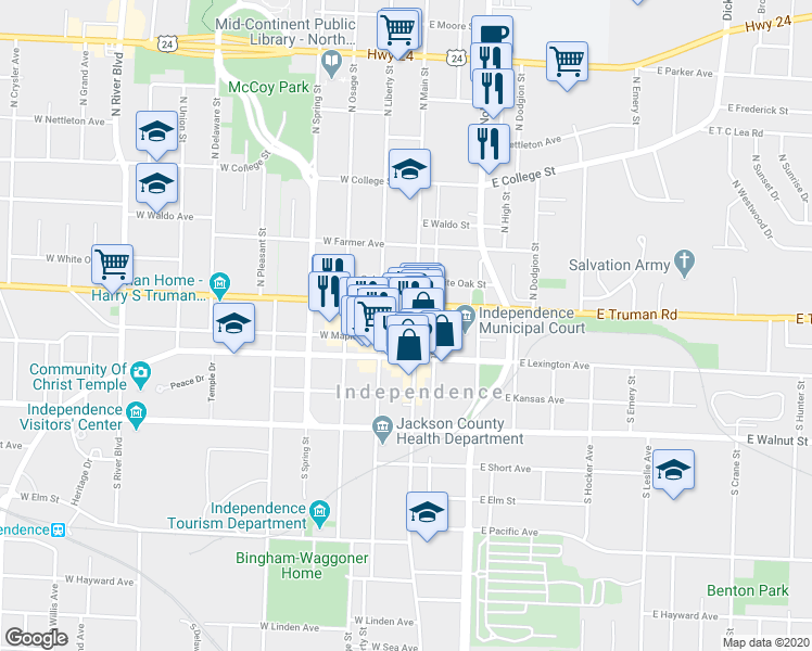 map of restaurants, bars, coffee shops, grocery stores, and more near 106 West Maple Avenue in Independence