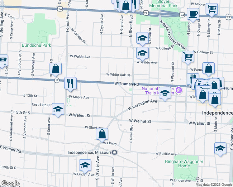 map of restaurants, bars, coffee shops, grocery stores, and more near 1046 West Maple Avenue in Independence