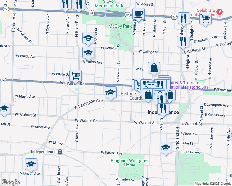 map of restaurants, bars, coffee shops, grocery stores, and more near 520 West Maple Avenue in Independence