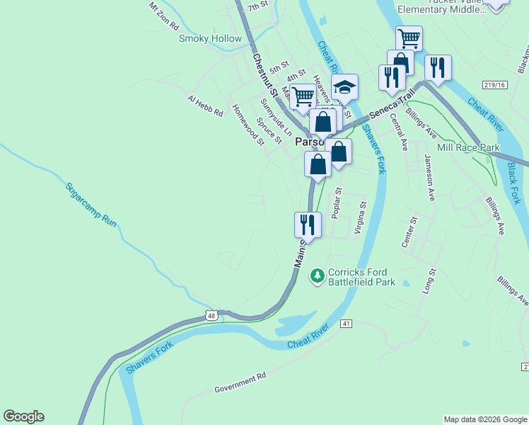map of restaurants, bars, coffee shops, grocery stores, and more near 147 Blackberry Street in Parsons