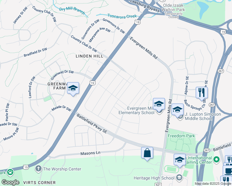 map of restaurants, bars, coffee shops, grocery stores, and more near 1023 Themis Street Southeast in Leesburg