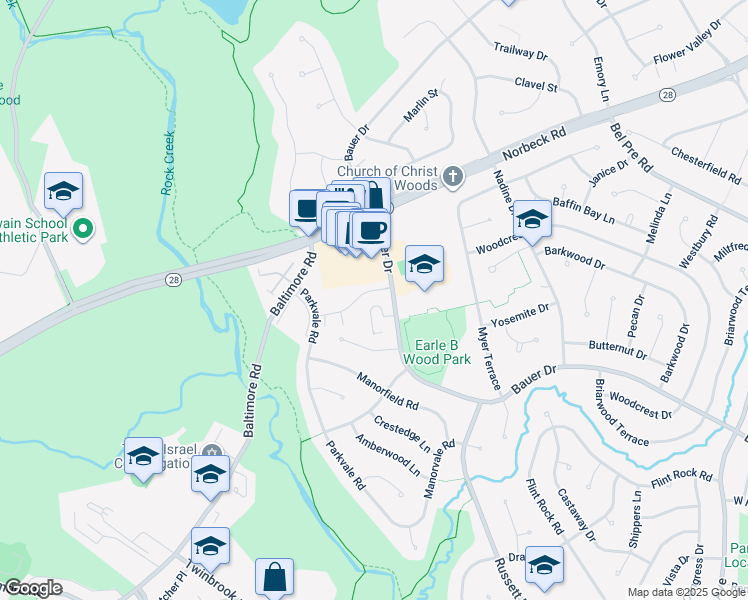 map of restaurants, bars, coffee shops, grocery stores, and more near 14618 Bauer Drive in Rockville
