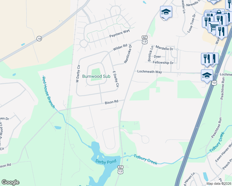 map of restaurants, bars, coffee shops, grocery stores, and more near 27 East Darby Circle in Dover