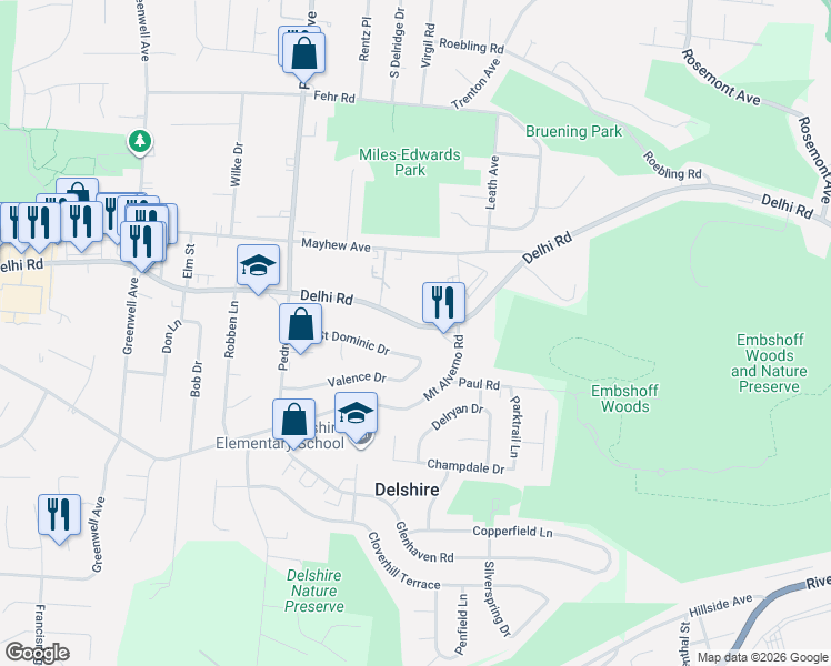 map of restaurants, bars, coffee shops, grocery stores, and more near 4342 Saint Dominic Drive in Cincinnati