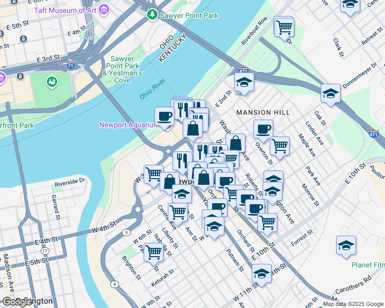 map of restaurants, bars, coffee shops, grocery stores, and more near 342 Monmouth Street in Newport