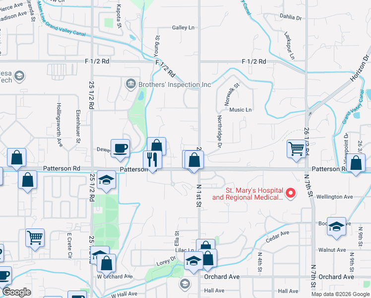 map of restaurants, bars, coffee shops, grocery stores, and more near 607 26 Rd in Grand Junction