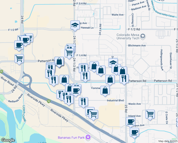 map of restaurants, bars, coffee shops, grocery stores, and more near 2470 F Road in Grand Junction