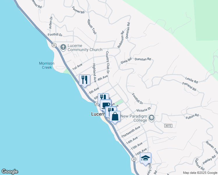map of restaurants, bars, coffee shops, grocery stores, and more near 4091 Country Club Drive in Lucerne