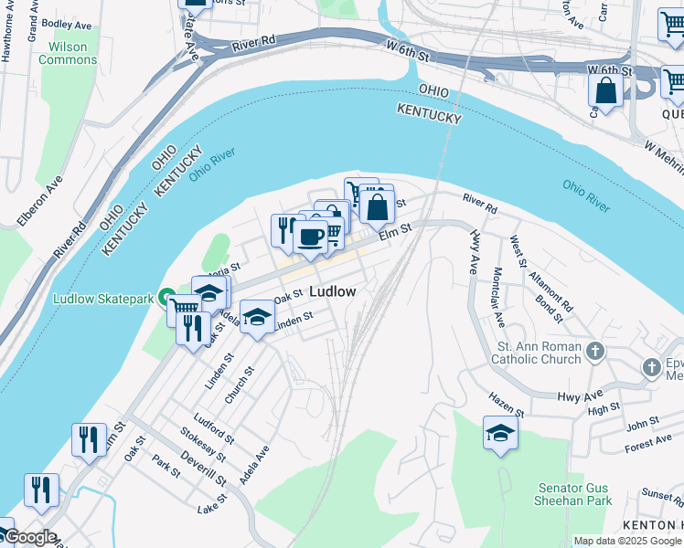 map of restaurants, bars, coffee shops, grocery stores, and more near in Ludlow