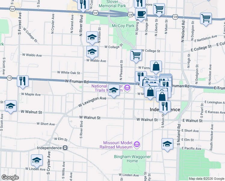map of restaurants, bars, coffee shops, grocery stores, and more near 612 West Maple Avenue in Independence