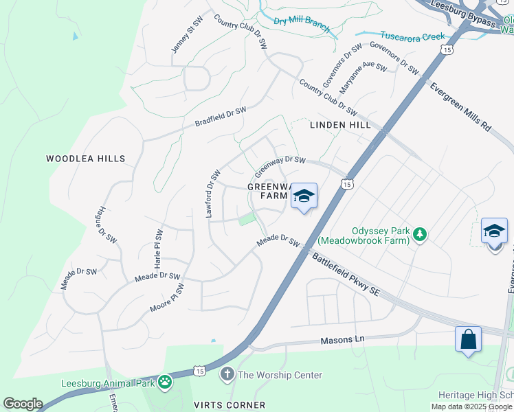 map of restaurants, bars, coffee shops, grocery stores, and more near 102 Goldsworth Terrace Southwest in Leesburg