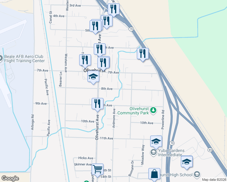 map of restaurants, bars, coffee shops, grocery stores, and more near 1808 8th Avenue in Olivehurst