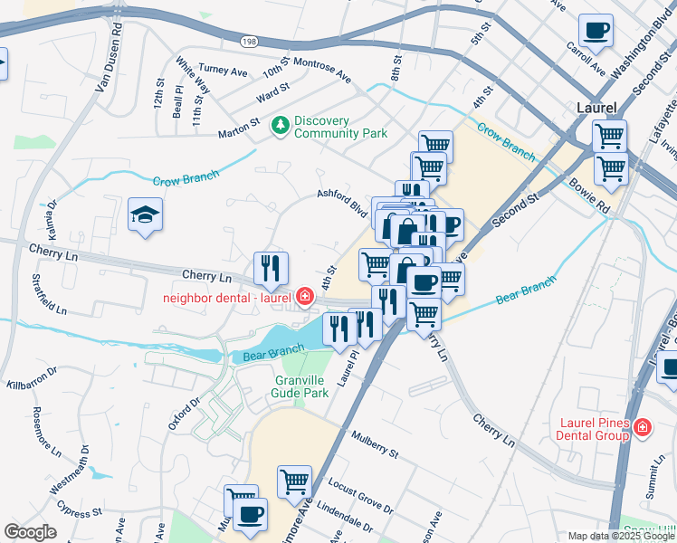 map of restaurants, bars, coffee shops, grocery stores, and more near 14725 4th Street in Laurel