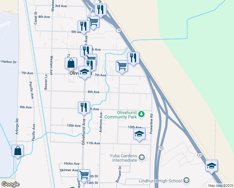 map of restaurants, bars, coffee shops, grocery stores, and more near 4797 Fleming Way in Olivehurst