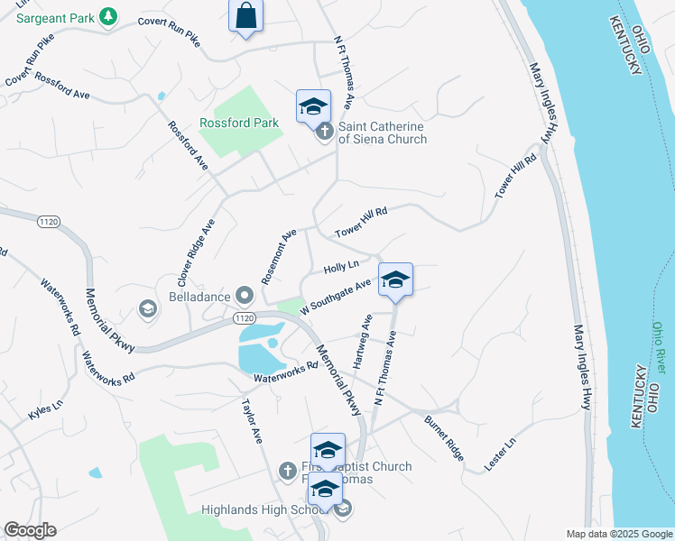 map of restaurants, bars, coffee shops, grocery stores, and more near 25 Holly Ln in Fort Thomas