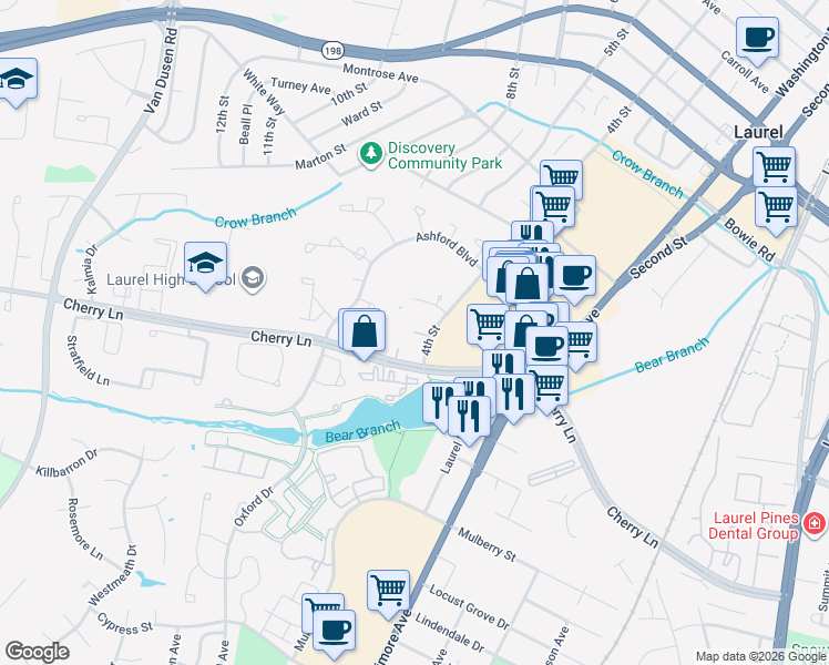 map of restaurants, bars, coffee shops, grocery stores, and more near 14720 4th Street in Laurel