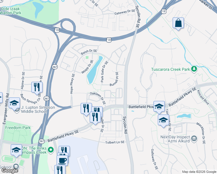 map of restaurants, bars, coffee shops, grocery stores, and more near 128 Burnell Place Southeast in Leesburg