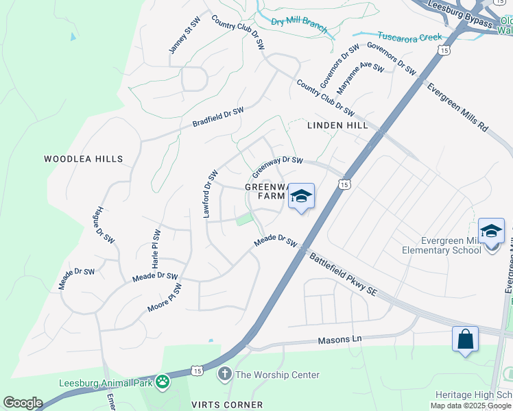map of restaurants, bars, coffee shops, grocery stores, and more near 106 Goldsworth Terrace Southwest in Leesburg